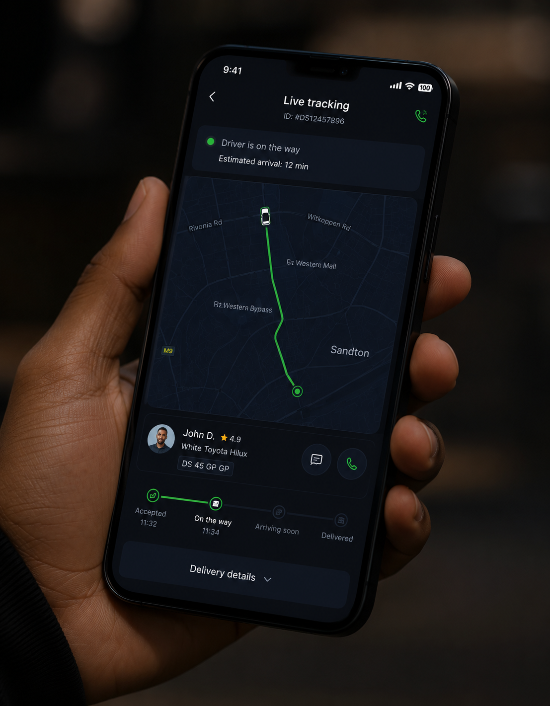 DoorSwift live tracking screen showing a driver en route with route line, ETA and delivery timeline