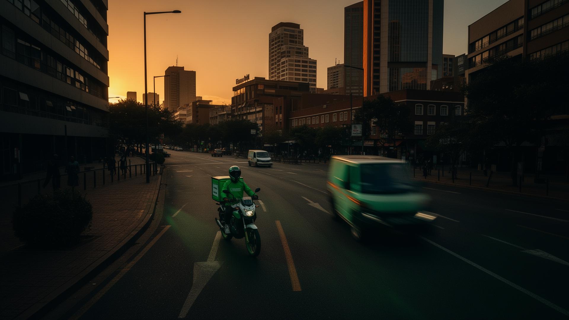 Delivery driver moving through Johannesburg at sunset